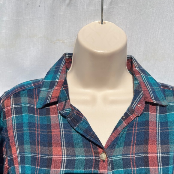 AEO Soft Plaid Flannel Boyfriend Fit Turquoise Rust Button Down Shirt - Size XS - Picture 3 of 14
